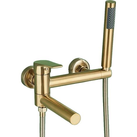 Rubinetto per vasca da bagno a doppia maniglia, a parete, finitura oro spazzolato. (1/2)