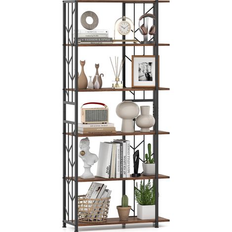 COSTWAY Libreria a 6 Ripiani, Libreria Geometrica Moderna con Telaio in Metallo, Scaffale da Terra con 2 Kit Antiribaltamento per Soggiorno Camera da Letto Studio, 80x31x180 cm (Marrone) (1/5)