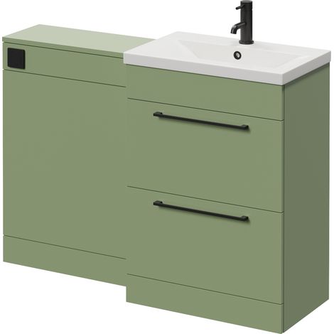 Napoli 390 Cento Olive Green 1200mm 2 Drawer Vanity Unit Toilet Suite with Glide Basin - 1200mm - Matt Black 320mm HandleWithout Kingston Toilet Pan