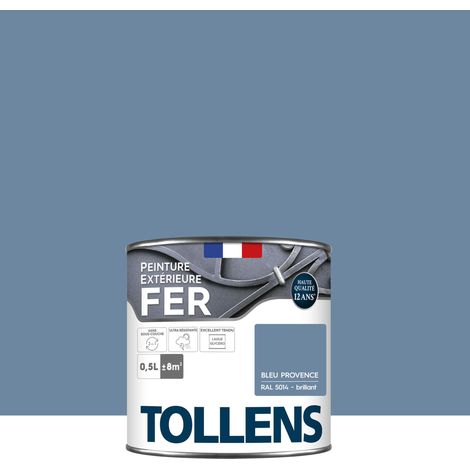 Peinture fer extérieure 2 en 1 - Ultra Résistante, séchage rapide et antirouille - TOLLENS - Brillant - Bleu Provence - 0,5L = 8m2