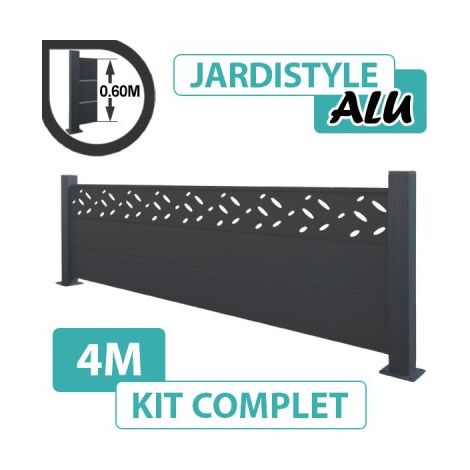 Kit Clôture Aluminium Gris Anthracite 4M - Design - Sur Platines - 0,60 mètre