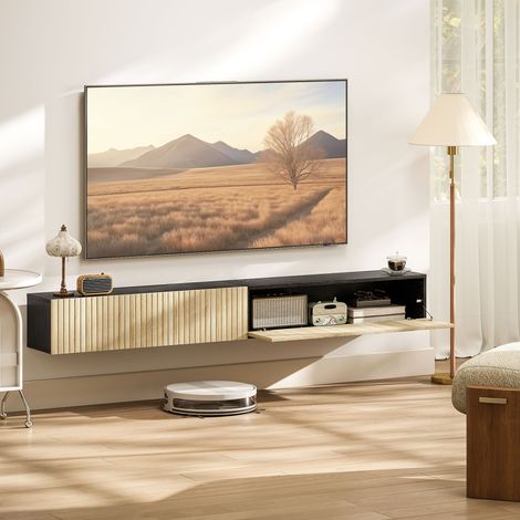 Meuble TV suspendu 140cm, meuble télé pour téléviseur 72 pouces, 2 portes rabattables, bois naturel et noir, 140x25x22cm