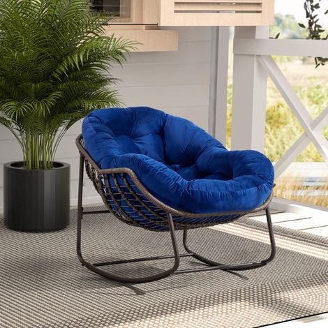 Sillón mecedora de ratán para exterior con cojín, azul marino, 78 x 106 x 90 cm (1/5)
