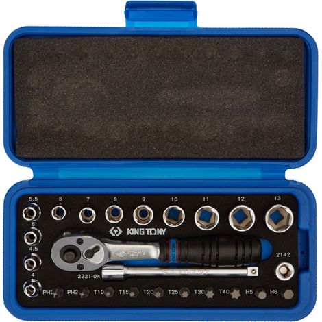 Coffret cliquet et douilles 1/4" – 25 pièces – Douilles 6 pans DIN 3124 – Embouts de vissage PH2 et TORX – Rallonge 100 mm – King Tony (1/6)
