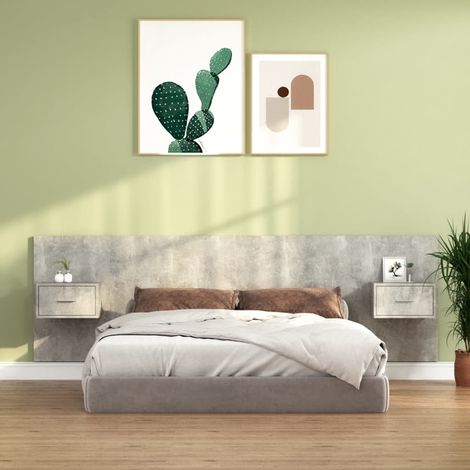 Cabecero de cama y mesitas madera contrachapada gris hormigón vidaXL