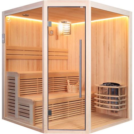Sauna traditionnel d'angle 5 places 180x180x210 cm – Bois Hemlock et pin blanc – Poêle Harvia 6 kW – Isolation performante – Boreal (1/5)