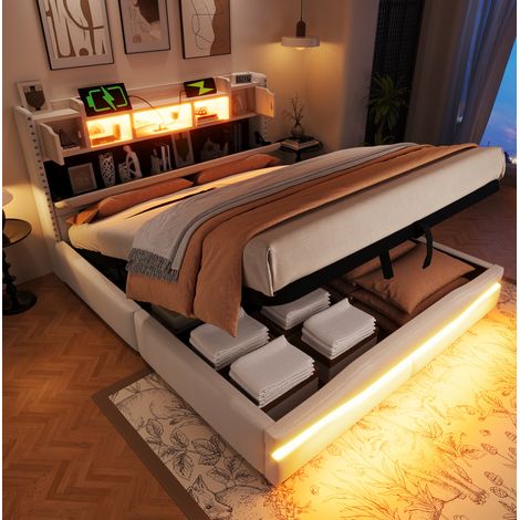 Bettgestell 160x200 cm Beige aus Leinen und MDF mit hydraulischem Stauraum, LED, USB und Steckdose (1/5)