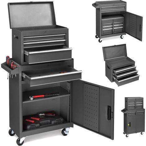 Servante d'Atelier Outils avec Coffre Amovible, 4 Tiroirs, 2 Grande,Etabli Garage,Armoire à Étagère Réglable& Caisse à Outil Roulante,pour Garage, Atelier(Noir) (1/5)