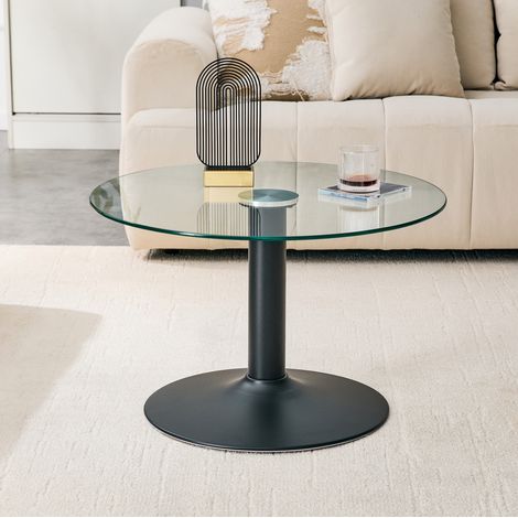 Table basse ronde en verre trempé 70 cm avec structure métallique stable (1/5)