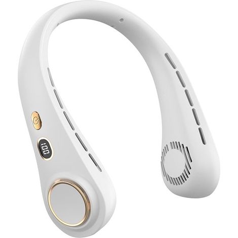 Ventilateur de cou portable sans pales - Silencieux - USB - Affichage de puissance - 5 vitesses - Mains libres - Pour bureau, maison et voyage - Blanc (1/5)