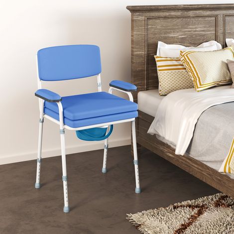 Chaise percée toilette multifonctions seau amovible hauteur réglable avec dossier siège et accoudoirs rembourrés bleu