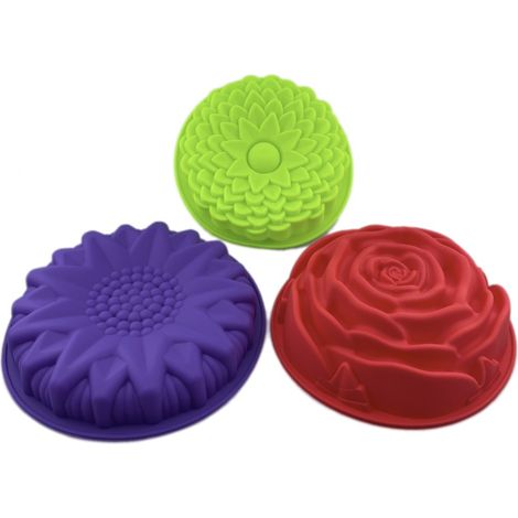 3 Silikonformen mit Blumenmuster, Kuchenform, Brotform, große runde Sonnenblume, Chrysantheme, Rose – Gelb, Rot, Violett (1/4)