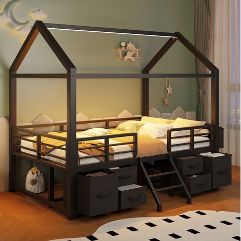 Cama alta infantil 90x200 cm de metal negro con LED y almacenaje, sin colchón – MEUBLIV (1/5)