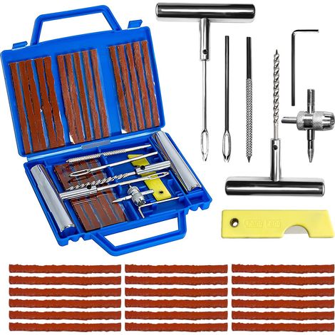 Kit réparation crevaison 27 pièces voiture/moto/caravane, kit crevaison pneus 3 minutes, mèches + accessoires complets, compact (1/5)