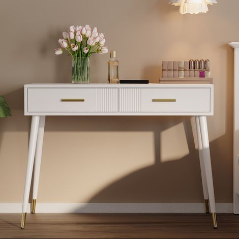 Table de maquillage et bureau blanc avec 2 tiroirs coulissants et pieds métalliques dorés - H76 x L100 x P40 cm (1/5)