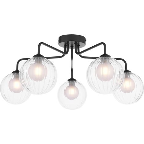 Dar Feya Plafonnier semi-encastré Feya à 5 lumières, noir mat, verre clair/opale (1/2)