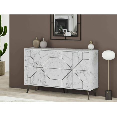 Dmora - Kommode Meridian, Wohnzimmerbuffet, Wohnzimmer-Sideboard, Moderne Küchen-Speisekammer, 123x35h62 cm, Weißer Marmor, mit verstärkter Verpackung (1/5)