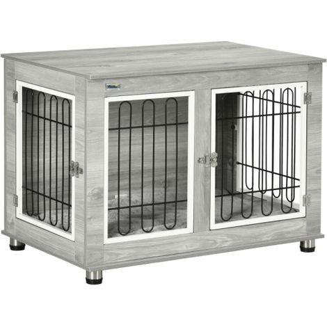 Grey Dog Crate Furniture End Table with Washable Cushion and Double Doors for Medium to Large Dogs (1/5)