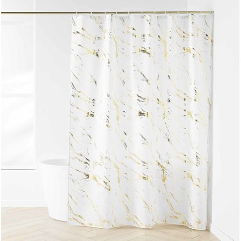 RIDEAU DE DOUCHE+CROCHETS 180 x 200 CM POLYESTER IMP. METAL. AQUAMARBRE BLANC/OR (1/3)
