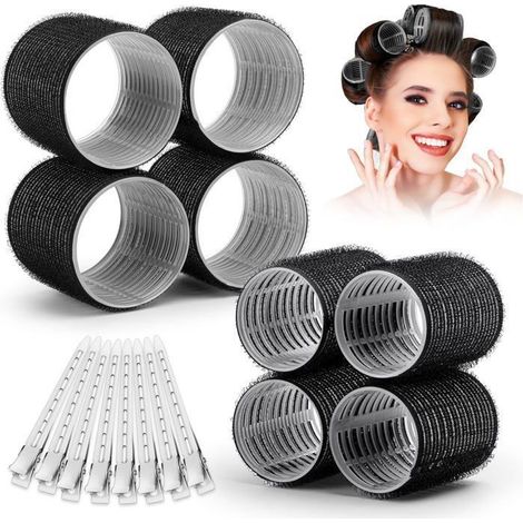 Ensemble de 16 bigoudis auto-adhésifs, adaptés aux cheveux longs, mi-longs, courts, épais, fins et clairsemés, noirs (1/4)