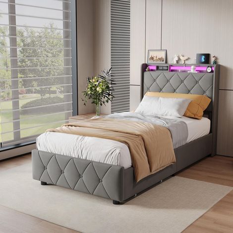 Letto singolo 90x200 cm con cassetti, struttura con LED RGB, testiera contenitore e stazione di ricarica USB + Type-C, flanella, grigio