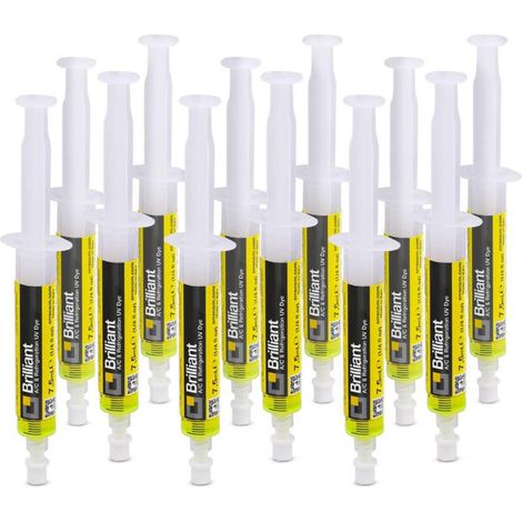 12 Cartuchos Detección Fugas U/V Brilliant (7,5 ml) Incluye Adaptadores 1/4 y 5/16 SAE para Aire Acondicionado (1/2)
