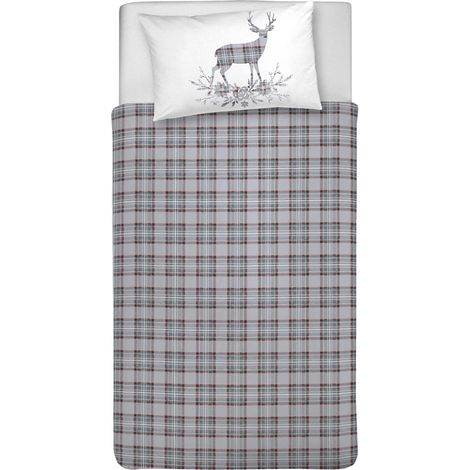 Parure de lit Simple 100% Coton, avec Sac 155 x 200 cm et 1 taie d'oreiller 52 x 82 cm, fabriquée en Italie, Housse de Couette Lavable en Machine à 40 °, Motif Tartan Gris (1/5)