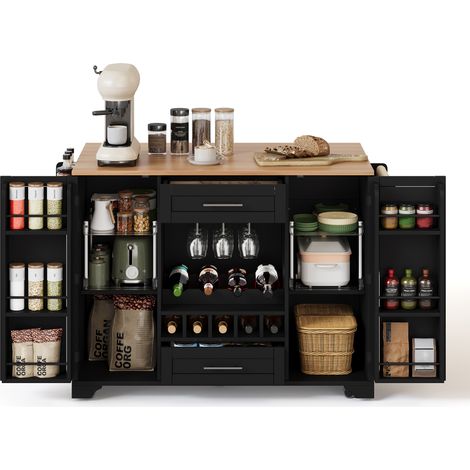 Desserte de Cuisine sur Roulettes Noir, Îlot Central avec Plan de Travail Rabattable, Porte-Bouteilles et Rangement, Bois MDF, 138x45/70x92cm (1/5)