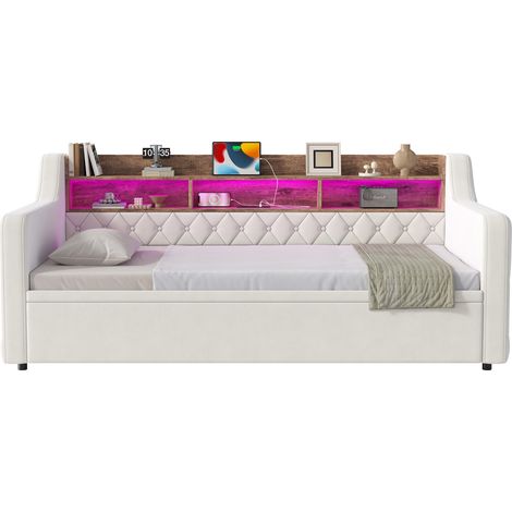 CHICFURN Canapé-lit 90x190 cm en velours beige, lit d’appoint avec tête de lit tablette, LED, USB/Type-C, accoudoirs et rangement pour chambre ou salon (1/5)
