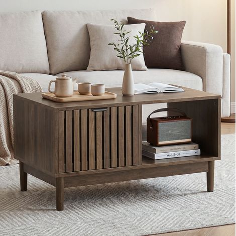 Couchtisch 80x50x45 cm in Walnussoptik mit Schublade, offenen Ablagen, MDF und Holzfüßen MEUBLIV (1/5)