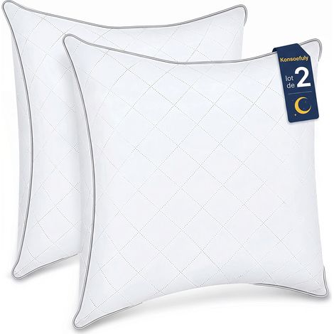 Lot de 2 Oreillers 60x60 cm Konsoefuly, Très Moelleux, Fibre Polyester, Respirant, Anti-acariens, Certifié Oeko-Tex, Entretien Simple