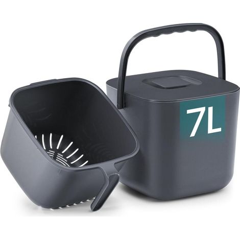 Poubelle compost 7 L pratique cuisine 24 x 20 x 19,5 cm avec couvercle anti-odeur en plastique gris foncé (1/2)