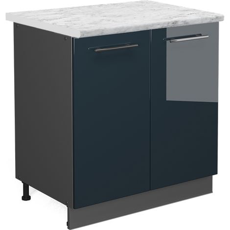 Muebles fregadero Fame-Line, Azul oscuro alto brillo, 80 cm con estante, ET Mármol, Vicco