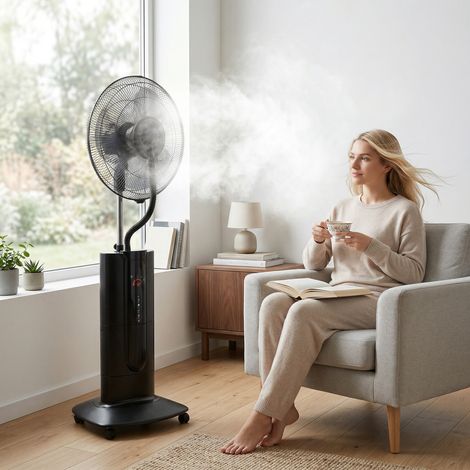 Ventilateur brumisateur 100 W à ionisation négative. ventilateur sur pied 130 cm. 3 vitesses. 3 modes. minuterie. noir