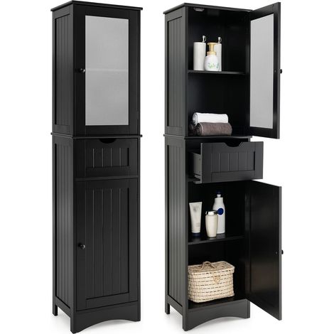 COSTWAY Armario Alto de Baño con 2 Puertas y 1 Cajón, Armario Independiente con Estantes Ajustables y Puerta de Vidrio Esmerilado, Mueble Columna de Baño para Sala de Estar Dormitorio Cocina (Negro) (1/5)