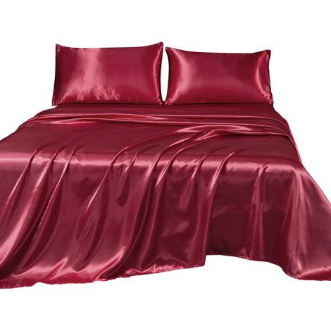 1 Ensemble de draps en microfibre 1800, texture soyeuse, couleur bordeaux, pour lit double (1/5)