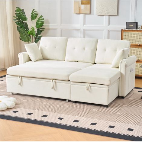 Sofá esquinero convertible de chenilla con arcón, chaise longue reversible, beige DESVIAE (1/5)