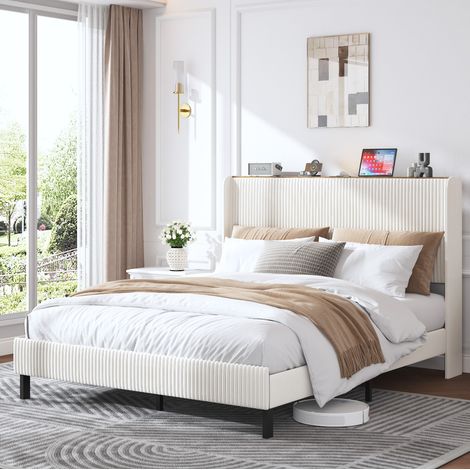 letto 160x200 imbottito testiera a canali velluto beige OKMYHOME (1/5)