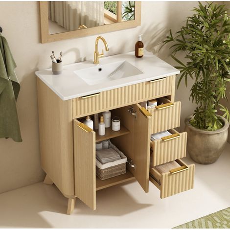 Mueble de baño con lavabo cerámico 81 cm natural con 3 cajones y puertas dobles (1/5)