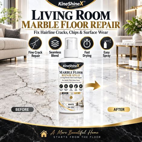 Spray réparateur de fissures pour carrelage en marbre blanc KineShineX, idéal pour les sols en marbre blanc présentant de fines fissures capillaires. (1/4)