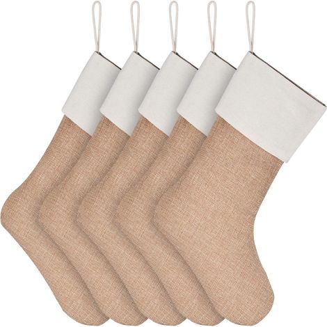 Calcetines Navidad - Calcetines Colgantes para Chimenea - Tejido de Lino - 28 x 55 cm - 6 cm Ojal en Puño - Paquete de 5 (1/5)