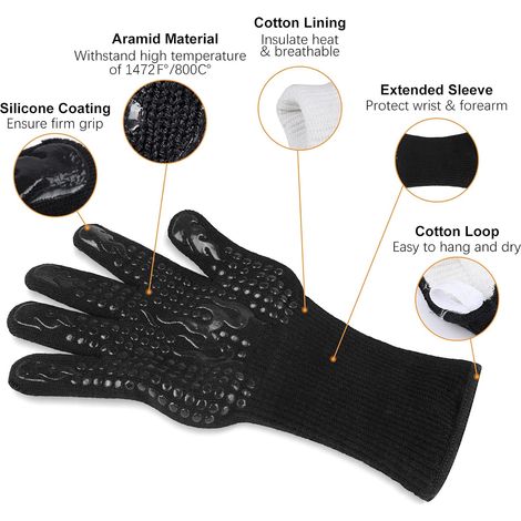 Guanti da barbecue, guanti resistenti al calore fino a 800 °C, guanti da cucina universali resistenti al calore e antiscivolo per barbecue, grill, forno, cucina e camino [1 paio] - Nero (1/4)