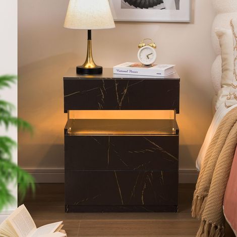 Table de chevet avec tiroir - Table de chevet simple avec lumière LED - Pour chambre à coucher - Noir et doré
