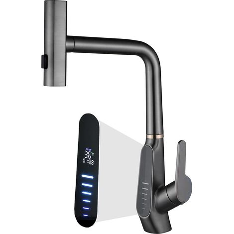 Robinet de mélange d'évier de cuisine en cascade avec pulvérisateur extractible, robinet d'évier de cuisine à 3 modes, rotation à 360 °, affichage numérique, robinet de cuisine à vis unique, 59A en cu