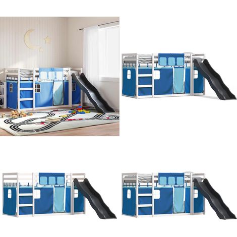 Etagenbett mit Rutsche und Gardinen Blau 90x190 cm - Kinderhochbett - Holzbetten - Kiefernholzbett - Etagenbett Mit Rutsche - Jugendzimmermöbel - Home & Living
