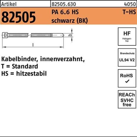 HELLERMANNTYTON Kabelbinder R 82505 innenverzahnt 4,6 x 150 / 35Polyamid 6.6 HS schwarz hitzestabil 100 Stück