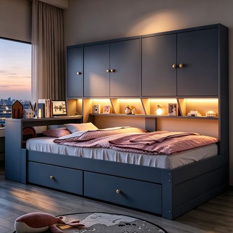 Lit enfant 90x200 cm avec bureau et rangements, lit multifonction gris avec tiroirs, étagères, LED intégrée et prise USB