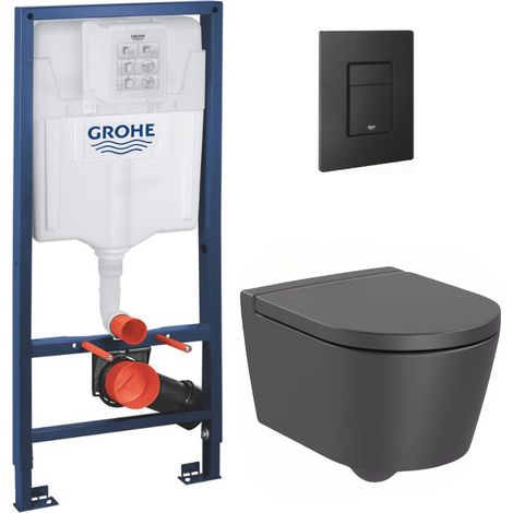 Grohe Pack WC Bâti-support + WC Roca Inspira onyx sans bride fixations invisibles + Abattant + Plaque noire (RapidSLInspiraO-KF0)