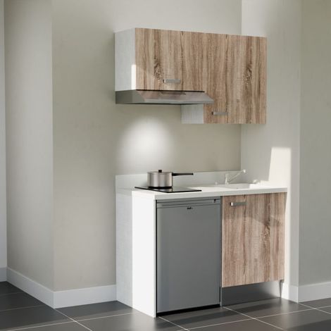 Kitchenette K01L - 120 cm - plan monobloc évier intégré Snova- évier à droite - Façades Bois + Electroménager inclus coloris Inox (1/5)