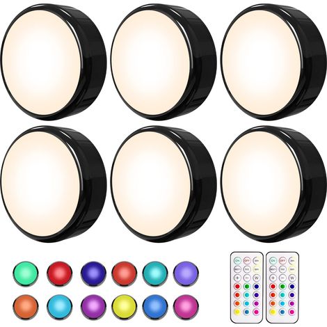 Lot de 6 lampes LED sous meuble, intensité variable, LED multicolore à piles, éclairage de vitrine avec télécommande et minuterie - Noir